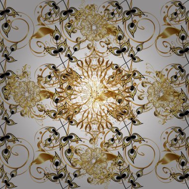 Beyaz ve kahverengi renklerde altın bir element. Barok tarzında altın çiçekli süs. Altın çiçekli, pürüzsüz desen. Damask arkaplanı.