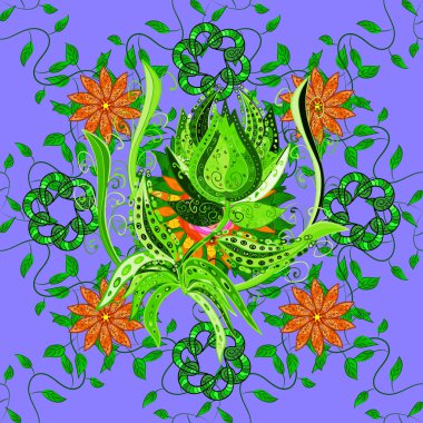 Paket kağıdı için en iyisi. Menekşe ve yeşil lale çiçekleriyle kusursuz bir desen. Doğal kozmetik ürünleri, parfüm, çiçekçi dükkanı için bahar ihalesi tasarımı. Karşılama ya da düğün geçmişi olarak kullanılabilir.