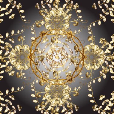 Kusursuz altın desenli bukleler. Hassas altın deseni açın. Parlak dantel, stilize çiçekler, şal desenli. Vektör. Doğu tarzı arabesk. Kahverengi gri renkte altın elementli kusursuz desen
