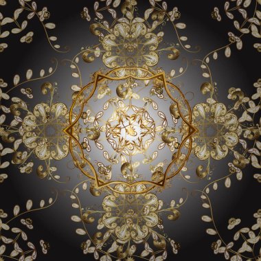 Noel, kar tanesi, yeni yıl 2019. Gri ve kahverengi renkleri altın elemanları ile sorunsuz vintage desen.