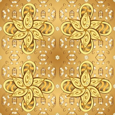 Sarı, kahverengi ve bej renklerdeki altın desenli altın elementler. Süslü vektör dekorasyonu. Barok tarzında duvar kağıdı tasarımı için kusursuz damaske deseni arkaplanı.