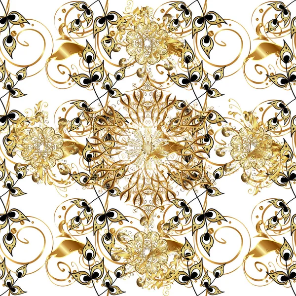 Kahverengi ve beyaz renklerde altın antika çiçek ortaçağ dekoratif, yaprakları ve altın desen süsler ile Vektör dikişsiz desen. Dikişsiz kraliyet lüks altın barok damask vintage.