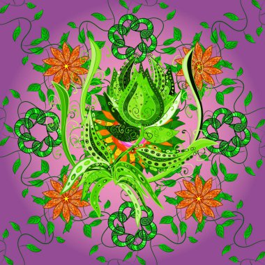 Suluboya, elle çizilmiş. Mor ve yeşil üzerine çiçekler. Hisse. Kusursuz arkaplan deseni.