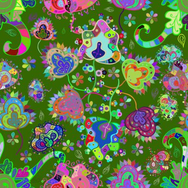 Yeşil ve mavi renkte güzel bir tekstil. Çiçeklerle suluboya desenli çiçek deseni. Vektör illüstrasyonu.