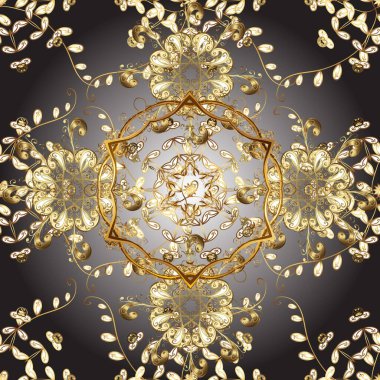 Parlak dantel, stilize çiçekler, şal desenli. Hassas altın deseni açın. Kahverengi gri renkte altın elementli kusursuz desen. Raster. Kusursuz altın desenli bukleler. Doğu tarzı arabesk