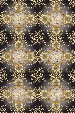 Kahverengi gri renkte altın elementli kusursuz desen. Doğu tarzı arabesk. Parlak dantel, stilize çiçekler, şal desenli. raster. Hassas altın deseni açın. Kusursuz altın dokular bukleler