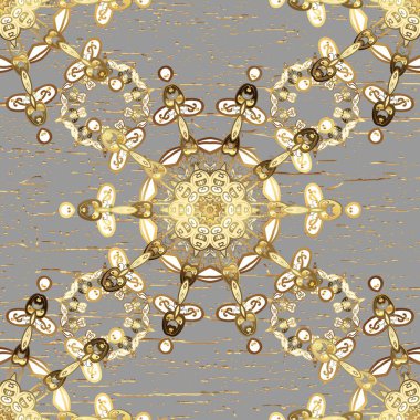 Geleneksel oryantasyon süsü. Klasik raster sarısı, kusursuz desen. Klasik klasik klasik arka plan. Gri ve bej renklerde altın elementlerle kusursuz desen.