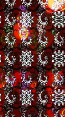 Soyut etnik raster çizim kalıbı. Arkaplan dokusu, duvar kağıdı, kırmızı ve siyah renkli çiçek teması. Kabile sanatı boho baskısı, klasik çiçek arkaplanı.