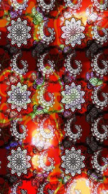 Çocuksu tasarım. Elle çizilmiş çiçek desenli Raster çizimi. Kırmızı ve kahverengi arka planda. Tekstil, kumaş, ambalaj, hatıra defteri için güzel çiçek arkaplanı..