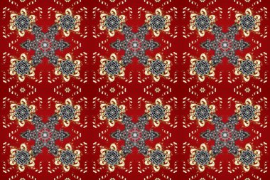 Kusursuz desenli oryantal süs. Çiçek kiremitleri. İslam tasarımı. Kırmızı, gri ve kahverengi renklerde altın desenli altın elementler. Raster altın tekstil baskısı.
