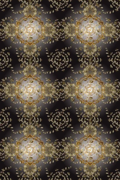 Gri ve kahverengi renkleri altın elemanları ile sorunsuz vintage desen. Noel, kar tanesi, yeni yıl 2019.