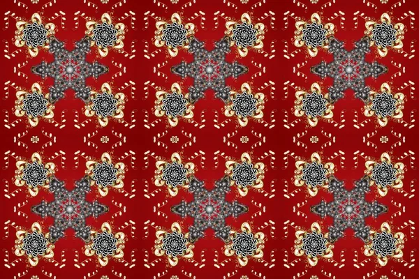Kusursuz desenli oryantal süs. Çiçek kiremitleri. İslam tasarımı. Kırmızı, gri ve kahverengi renklerde altın desenli altın elementler. Raster altın tekstil baskısı.