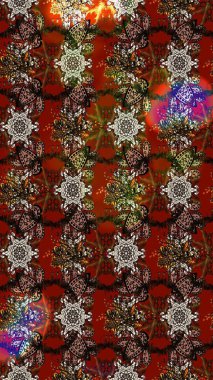 Renkli süs kenarı. Kahverengi ve kırmızı renklerde. Çizim kalıbı. Hint süsü. Raster illüstrasyonu. Çiçek duvar kağıdı.