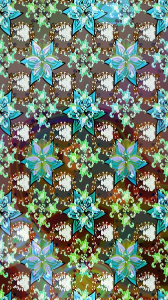 Raster illüstrasyonu. Tekstil veya kitap kapakları, imalat, duvar kağıtları, baskı, hediye paketi ve yapıştırma kitabı için çiçek eskizi geçmişi. Küçük ölçekli çiçeklerdeki basit sevimli desen.