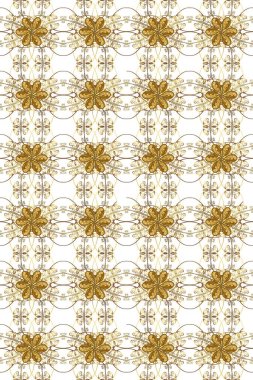 Klasik klasik klasik arka plan. Klasik raster sarısı, kusursuz desen. Beyaz ve kahverengi renklerde altın elementlerle kusursuz desen. Geleneksel oryantasyon süsü.