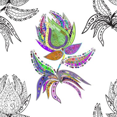 Raster deseni. Soyut çiçek desensiz arkaplan. Kırmızı, beyaz ve gri renklerde. Küçük çiçek illüstrasyonunda sevimli çiçek deseni.