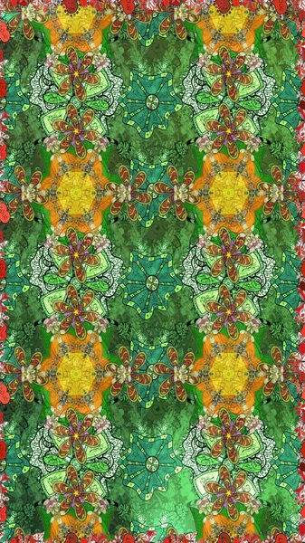 Şirin çiçekli eskiz deseni ve yeşil renkli yapraklar, suluboya çiçek deseni, duvar kağıdı, kart veya kumaş için fayanslı. Raster illüstrasyonu.