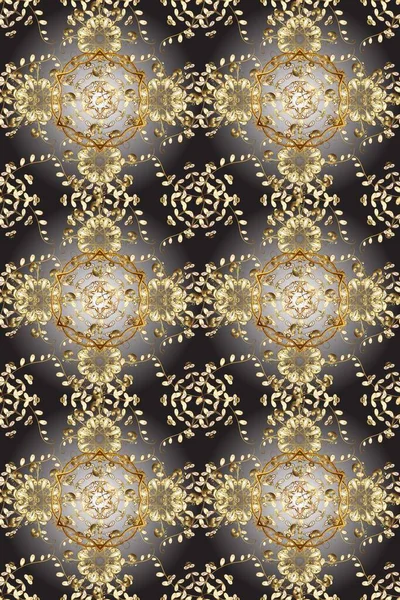 Doğu tarzı arabesk. raster. Kahverengi gri renkte altın elementli kusursuz desen. Hassas altın deseni açın. Kusursuz altın desenli bukleler. Parlak dantel, stilize çiçekler, şal desenli