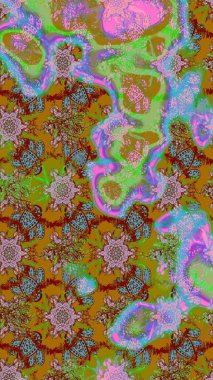 Yeşil ve kahverengi renkli bitkilerden oluşan parlak çiçekli çizim deseni.