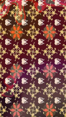 Kahverengi ve mor renkli etnik çiçekli zarif eskiz deseni. Asya Tekstil 'inde Raster Çiçek İllüstrasyonu.