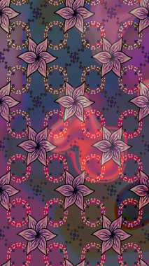 Raster illüstrasyonu. Güzel, parlak, pürüzsüz kumaş, tuval. Desen, çizim, çiçek sınırı. Kıvırcık, parlak örgü. Eski moda arka plan. Çiçeklerin çelengi.