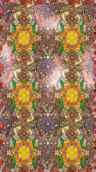 Çiçek buketleriyle klasik bir eskiz şekli. Kahverengi renklerde. Raster illüstrasyonu.