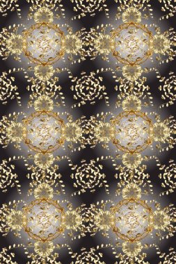 Kahverengi gri renkte altın elementli kusursuz desen. Doğu tarzı arabesk. Hassas altın deseni açın. Parlak dantel, stilize çiçekler, şal desenli. Kusursuz altın desenli bukleler. Raster.