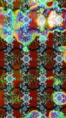 Asya tekstil tarzında. Mavi ve yeşil renkli çiçekler. Çiçek desenli çizim. Raster illüstrasyonu. Raster illüstrasyonu.