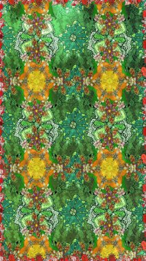 Şirin çiçekli eskiz deseni ve yeşil renkli yapraklar, suluboya çiçek deseni, duvar kağıdı, kart veya kumaş için fayanslı. Raster illüstrasyonu.