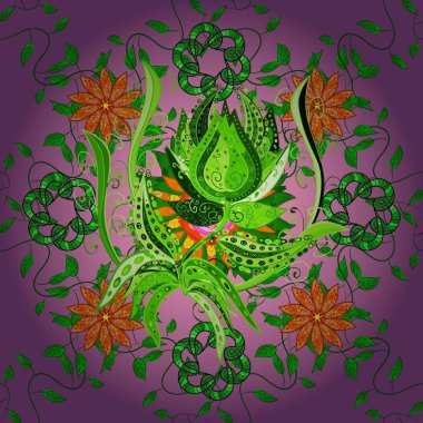 Hediye ambalaj kağıdı, tebrik kartları, posterler ve pankart tasarımı. Mor ve yeşil renkli çiçekler. Raster düz çiçekleri pürüzsüz desen.