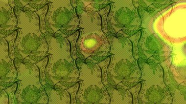 Raster illüstrasyonu. Şirin çiçekli eskiz deseni ve yeşil ve sarı renkli yapraklar, suluboya çiçek deseni, duvar kağıdı, kart veya kumaş için fayanslı.