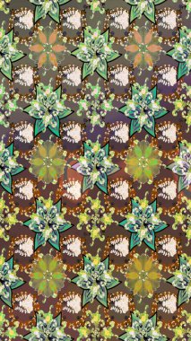 Raster illüstrasyonundaki çiçek desenli çizim. Kahverengi ve nötr renkte çiçekler.