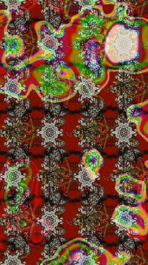 Renkli grunge, renkli ve kahverengi çiçeklerle soyut bir arka plan oluşturur. Nakış desenli çiçek deseni. İzler, kumaş, duvar kağıtları, tekstil için raster dokusu.