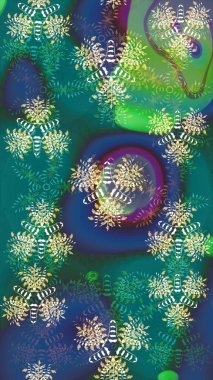 Mavi ve yeşil renklerde. Güzel kumaş deseni. Raster illüstrasyonundaki çiçek desenli çizim. Raster illüstrasyonu.