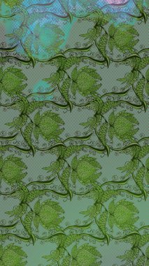 Nazik, narin çiçek arkaplanı. Yeşil ve gri renkli çiçekler. Raster çiçek desenli ve çiçekli..