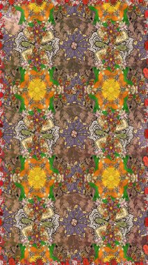 Kabile sanatı boho baskısı, klasik çiçek arkaplanı. Soyut etnik raster çizim kalıbı. Arkaplan dokusu, duvar kağıdı, kahverengi renkli çiçek teması.