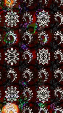 Raster illüstrasyonu. Raster illüstrasyonu. Asya tekstil tarzında. Siyah ve kahverengi renkte çiçekler. Çiçek desenini çiz.