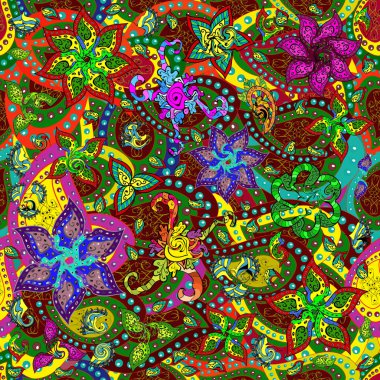 Renkli Bahar Temalı Kusursuz Arkaplan. Düz Çiçek Elementleri Tasarımı. Şirin çiçek elementleri. Kusursuz desenli. Moda desenli..