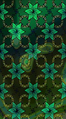 Çiçek desenli çizim. Raster illüstrasyonu. Yeşil ve gri renkli çiçekler. Raster illüstrasyonu. Asya tekstil tarzında.