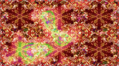 Doğum günü kartı, davetiye ya da afiş için iyidir. Raster illüstrasyonu. Dekoratif simetri arabesk. Kırmızı ve kahverengi renklerde altın. Kusursuz ortaçağ çiçek desenleri..