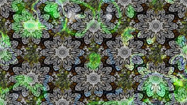 Çiçek desenli çizim. Gri ve yeşil renkli Asya tekstili. Raster illüstrasyonu.