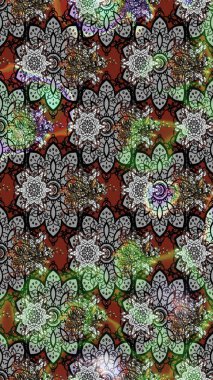 Parlak renkli çiçekleri ve gri ve kahverengi renkte yaprakları olan harika bir çiçek deseni. Moda baskıları için zarif bir şablon. Halk tarzı. Modern çiçek arkaplanı.