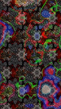 Renkli Bahar Teması eskiz kalıbı. Süslü kumaş deseni. Raster illüstrasyonundaki çiçek desenli çizim. Düz Çiçek Elementleri Tasarımı.