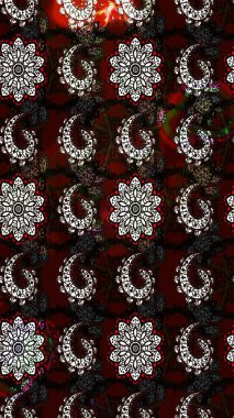 Çiçek desenli çizim. Raster illüstrasyonu. Siyah ve kahverengi renkli Asya tekstili.