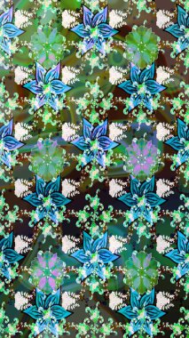 Raster deseni. Patlayan çiçekler soyut olarak yerleştirilmiş. Yumuşak, bahar çiçekleri yeşil ve mavi renklerde. Raster illüstrasyonu.