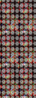 Çok renkli ve nötr küçük çiçekler ve siyah ve nötr renklerdeki komik böcekler, raster desen, illüstrasyon.