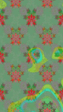 Bir sürü yeşil ve soyut çiçekli tropik eskiz deseni. Varicologreen Raster çizimi. Küçük çiçekte sevimli çiçek deseni var..