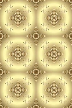Golden pattern on beige and neutral colors with golden elements. Traditional classic golden pattern. Raster oriental ornament. Seamless oriental ornament in the style of baroque.