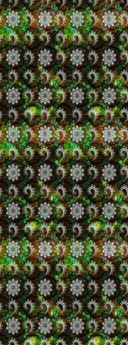 Kumaş desenli papatya çiçeği detayı. Kahverengi ve siyah renkte çiçekler.