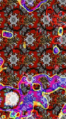 Renkli ve gri raster çizimi. Bir sürü kırmızı ve gri soyut çiçekli tropik eskiz deseni. Küçük çiçekte sevimli çiçek deseni var..